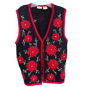 Ugly Christmas Sweater Vest Poinsettia Embroidery Beads Buttons Womens L 12/14